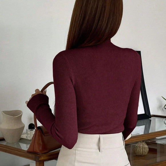 Burgundy Casual Women's Hollow Out Half Turtle Neck Sweater - Picture 2 of 5